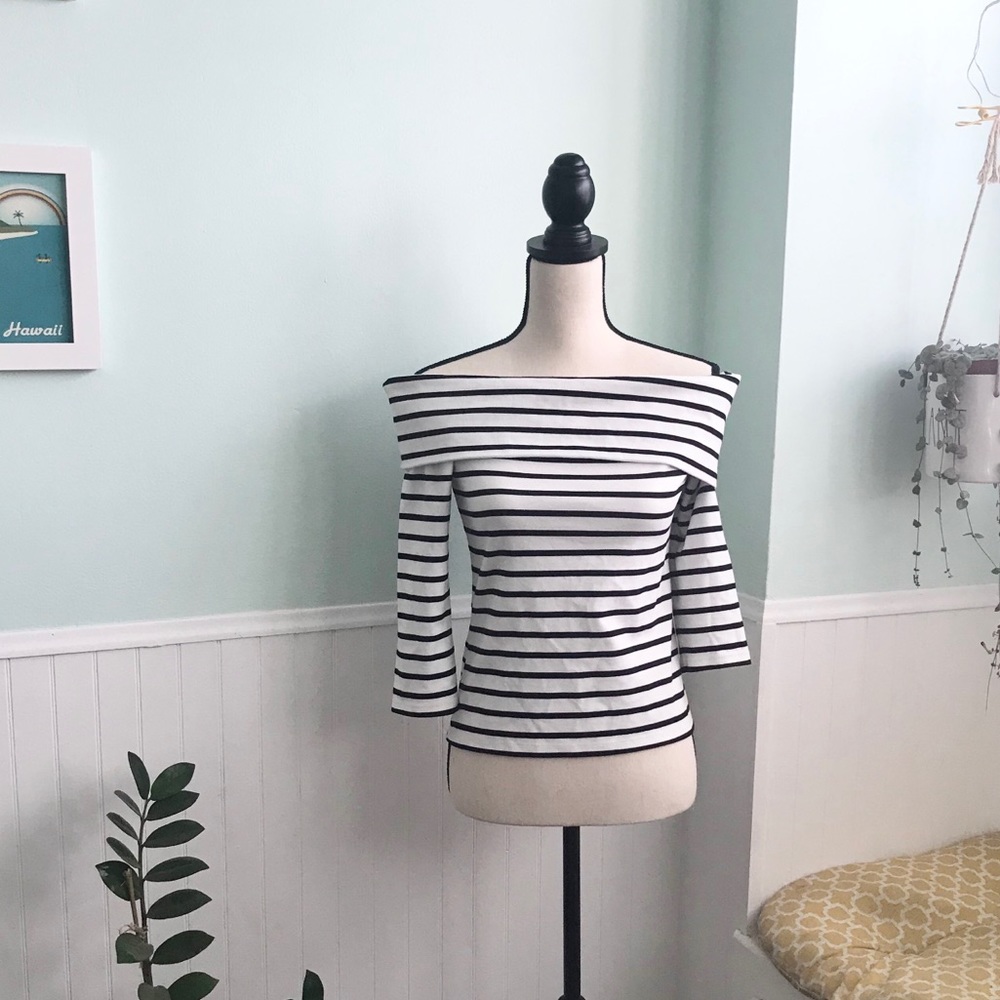 Anthropologie black white striped off shoulder S